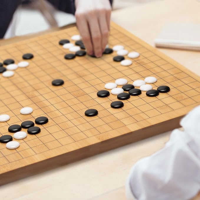 Yellow Mountain Imports Bamboo 0.8-Inch Reversible 19x19 / 13x13 Go Game Set Board with Single Convex Melamine Stones and Bamboo Wood Bowls Set - Classic Strategy Board Game (Baduk/Weiqi)