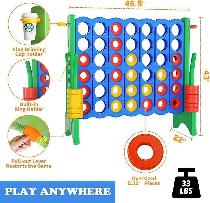 Jumbo 4 in a Row Game Set,4FT Giant Game Set with Carry Bag&44 Pieces Rings&Cup Holder,Indoor/Outdoor Yard Game for Adults&Kids-Fun Family&Party Game-Boosts-Brain Power (Sky&Ocean Blue)