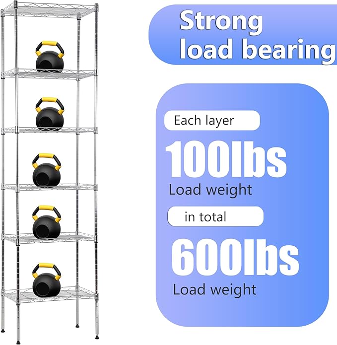 BestOffice Metal Garage Shelving 6 Tiers Garage Storage Shelves Heavy Duty 17”D x 12”W x 64”H Easy Assemble Wire Shelving NSF Certified Storage Shelves with Levling Feet for Home Garage Office, Chrome