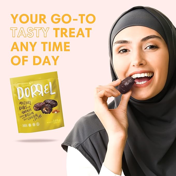Dorrel Belgian Dark Chocolate Covered Medjool Dates Stuffed with Salted Almonds, Nutritious and Tasty Dark Chocolate Almond with Sea Salt, High-Energy Snack, Non-GMO, Kosher,