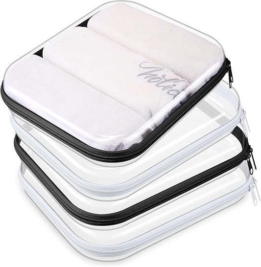 Hoolerry 4 Pcs Hard Clear Zipper Case Transparent Cases for Snacks Makeup Bag Plastic Storage Box Containers for Building Blocks, Puzzles, Cosmetics(Black and White,9.8 x 7.9 x 2 in)