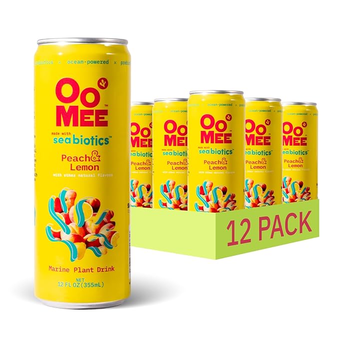 OoMee Prebiotic Drink | Peach & Lemon | Plant-Based Vegan Beverage with Marine-Sourced Agar Prebiotics (Seabiotics) for Digestive & Gut Health Functional Drink – 12oz Cans, 12-Pack
