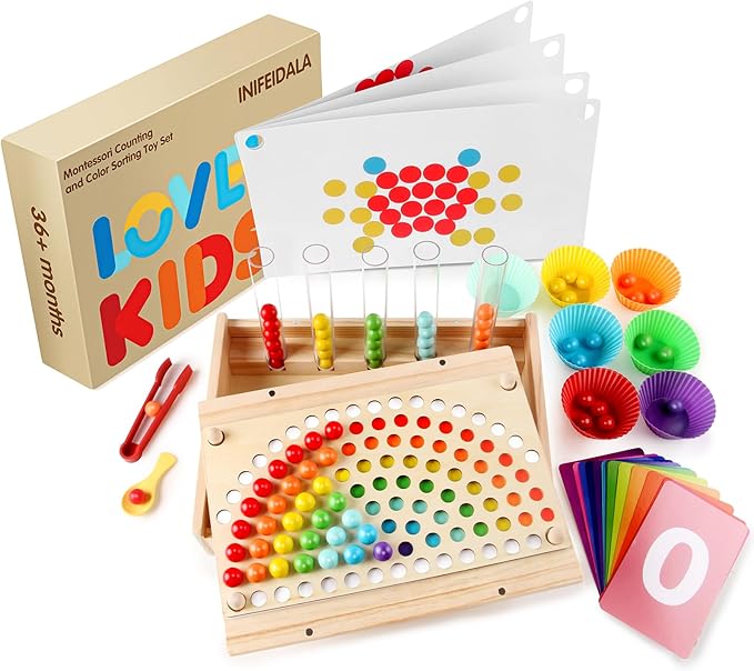 Toddler Learning Montessori Toys for 3 4 5 6 Year Old,Rainbow Stacking Matching Counting and Color Sorting - Wooden Peg Board Bead Game - Fine Motor Math Skills Toys for Boys & Girls
