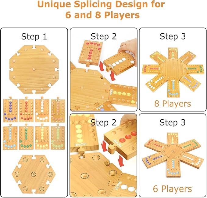 Marble Board Game,Wooden Board Game for 6-8 Players,Portable Design Marble Game with 32 Marbles 16 Dice, Family Game Night Gift for Kids & Adults