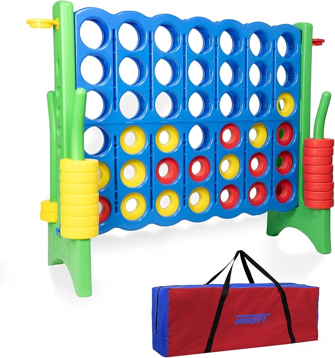 Jumbo 4 in a Row Game Set,4FT Giant Game Set with Carry Bag&44 Pieces Rings&Cup Holder,Indoor/Outdoor Yard Game for Kids & Adults-Fun Family&Party Game-Boosts Brain Power (Blue&Green)