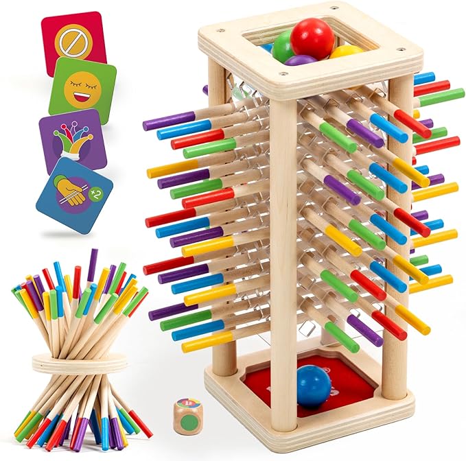 Nene Toys BALLFALL - Montessori Wooden Board Game for Kids Ages 3-9 โ Educational Toy for Fine Motor Skills & Logical Thinking โ Classic Family Tower Game with Colorful Sticks, Dice & Cards