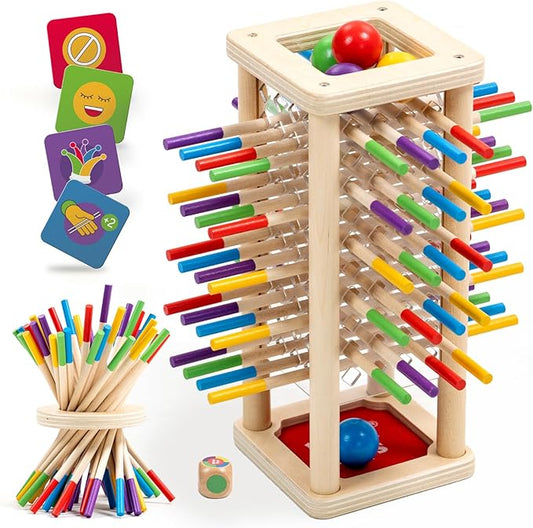 Nene Toys BALLFALL - Montessori Wooden Board Game for Kids Ages 3-9 – Educational Toy for Fine Motor Skills & Logical Thinking – Classic Family Tower Game with Colorful Sticks, Dice & Cards