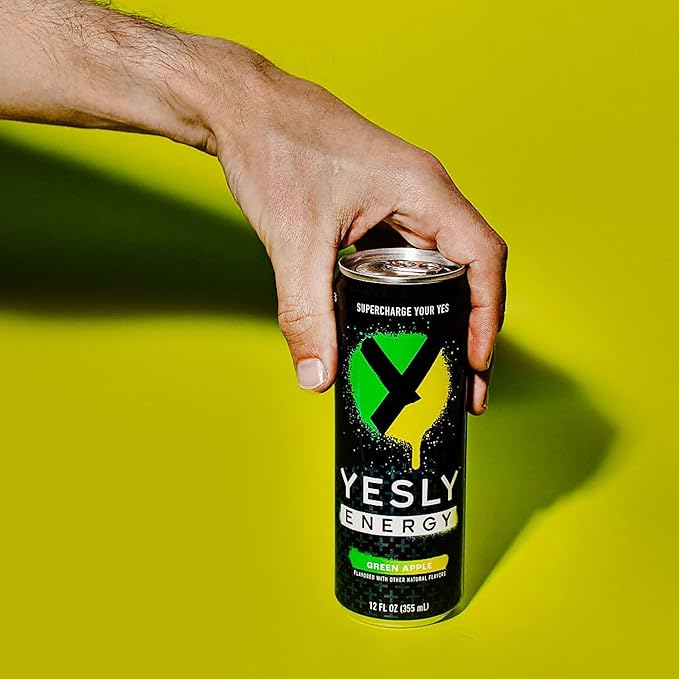 Yesly Energy Drink, Green Apple, Naturally Flavored Sparkling Energy Drink With Electrolytes, Magnesium, Potassium, Vitamin C, B6 & B12, Natural Caffeine From Green Tea, 12 Fl Oz Cans, 12 Pack