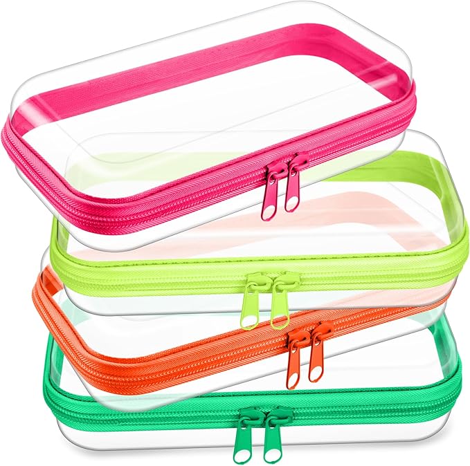 Hoolerry 4 Pcs Hard Clear Zipper Case Transparent Cases for Snacks Makeup Bag Plastic Storage Box Containers for Building Blocks, Puzzles, Cosmetics(Fluorescent,7.5 x 3.9 x 2 in)