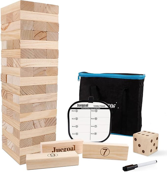 Juegoal 54 Pieces Giant Tumble Tower Blocks Game Giant Wood Stacking Game with 1 Dice Set Canvas Bag for Adult, Kids, Family