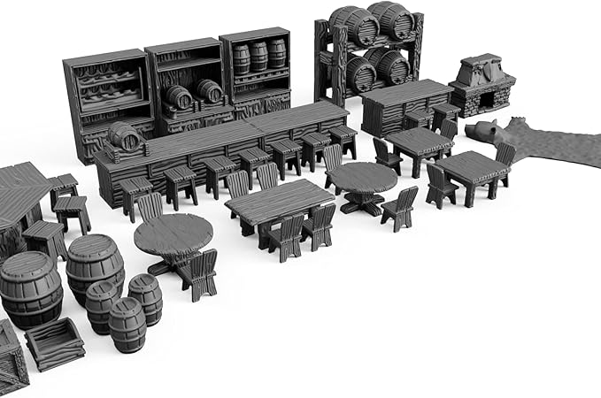 Tavern Bar Furniture Set DND Terrain 28mm for Dungeons and Dragons, Pathfinder, Warhammer 40k, RPG, Miniatures, Age of Sigmar, Tabletop, D and D Gifts