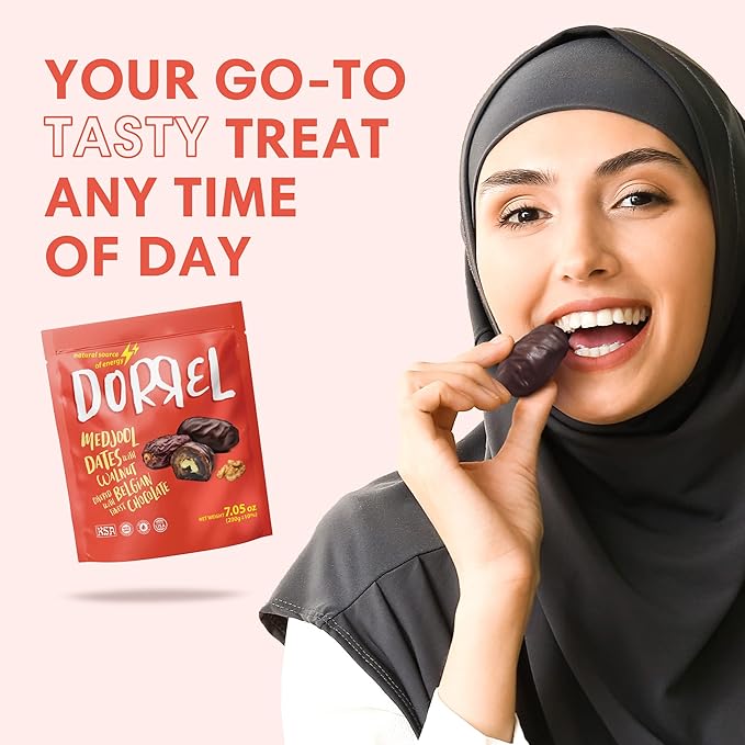 DORREL - Belgian Dark Chocolate Covered Dates (Medjool) with Walnuts Stuffing, High Energy Vegan Choco Snack, Delicious, Kosher & Non-GMO, Pack of 1 Stuffed Chocolate Dates, 7.05 oz / 200 g Ea