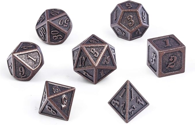 D&D Metal Dice Set, DNDND 7PCS Metallic Ancient Copper Dice with Metal Case for DND Dungeons and Dragons Table Games Roly Playing Rolling