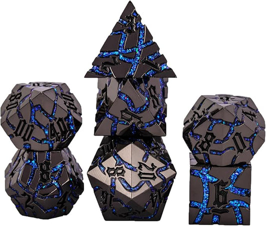 DND Crack Stripe Dice,Metallic Glitter Dice Set with Gift Box,Metal Polyhedral D&D Dice for Role Playing Game(Black Nickel Blue)