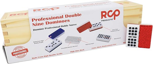 Double Nine Dominoes Professional, High Gloss Dominoes Set in Wood Box, Set of 55 Tiles Color Red