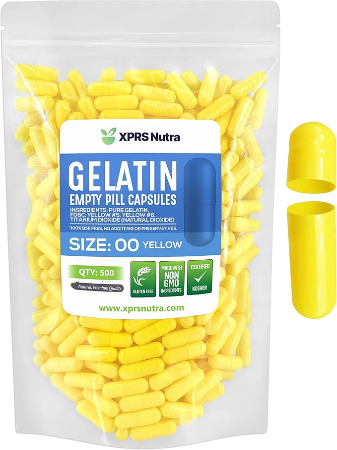 XPRS Nutra Size 00 Empty Capsules - 500 Count Empty Gelatin Capsules - Pills DIY Capsule Filling - Fillable Pill Gel Caps for Do-It-Yourself Supplements (Yellow)