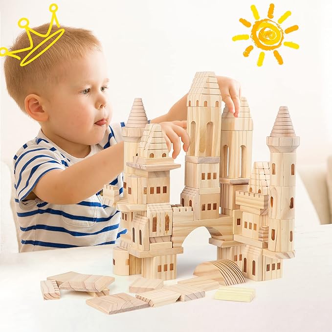 75 Pieces Wooden Castle Blocks Medieval Knights Princesses Wooden Castle Building Blocks Kit for Kids Boys and Girls