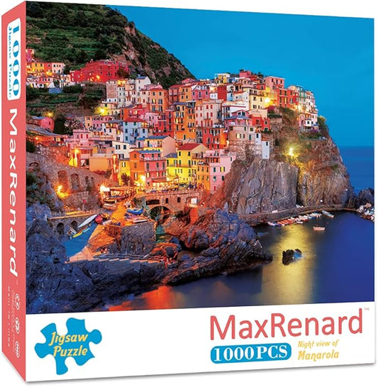 MaxRenard Coastal Landscape Jigsaw Puzzle 1000 Pieces for Adults Night View of Manarola Toy Home Wall Decoration Family Game Gift