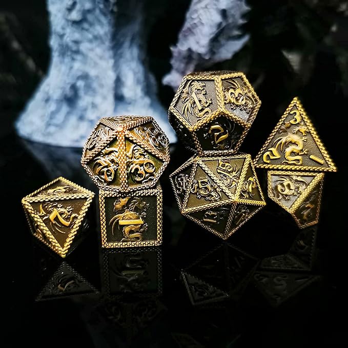 HAOMEJA DND Metal Dice Dragon Set 7 Role Playing Dice D&D Solid Dice Dungeons and Dragons (Ancient Brass)