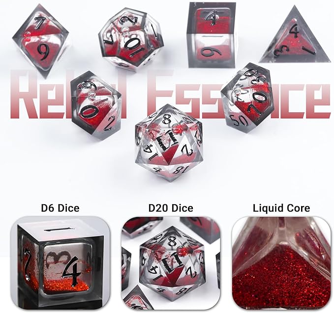 DND Dice Set - Handcrafted Liquid Core Sharp Edge 7-Die Resin Dice with Colorful Quicksand Effect,for DND, RPG, MTG, Tabletop Games(Crimson Codex)