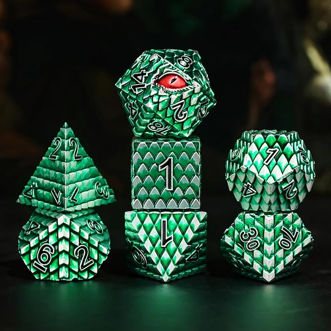 Metal Dice Set D&D,7 PCS Dragon Scale Metallic DND Dice Set,Dragon Eye Metal Dice with Gift Metal Box for Dungeons and Dragon Tabletop Game (Green Dragon Scale & Red Eye)