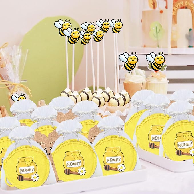 15 Pack Honey Pot Mini Coin Purses with Keyring for Bumble Bee Baby to Bee Baby Shower Gender Reveal Party Supplies,Yellow