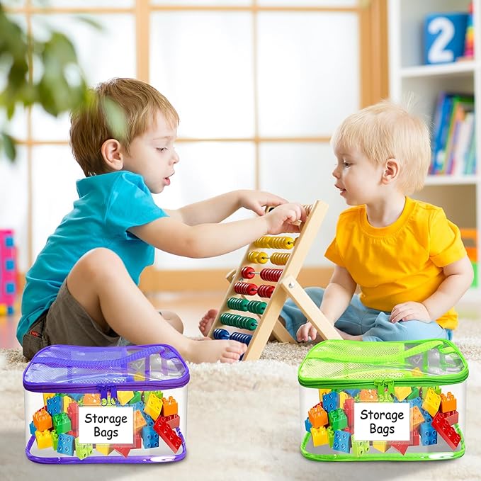 8 Pack Large Clear Toy Storage Bags with Zipper - 9.4x6.7x5.1In Waterproof PVC Organization for Lego, Building Blocks, Board Games & Puzzles - Includes Name Tag (Colorful)