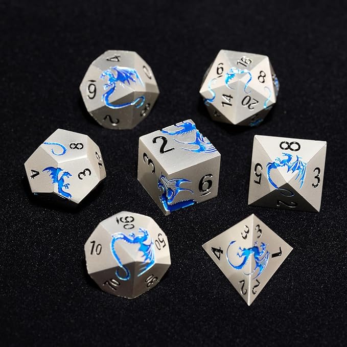 Metal DND Dice, HNCCESG Dragon Metallic D&D Dice Set 7 PCS for Dungeons and Dragon TTRPG Games, Polyhedral RPG Dice Set with Gift Box(Matte Silver Blue)