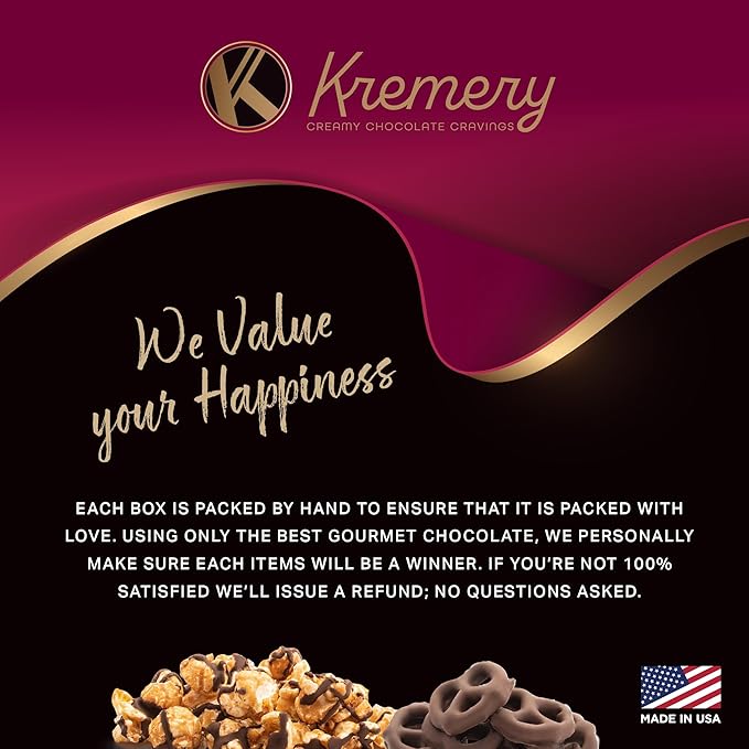 KREMERY Creamy Chocolate Cravings - Chocolate Covered Pretzels & Caramel Popcorn Gift Basket, in Seagrass Tray + Ribbon (Premium, 2.5 lbs) Food Arrangement, Kosher Dairy, USA Made