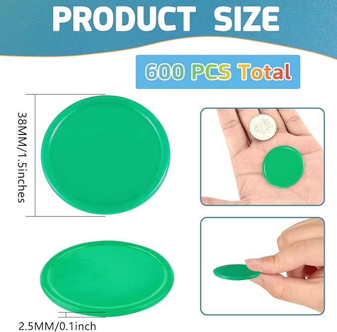 Coopay 600 Pieces Plastic Poker Chips Learning Counters Disks Bingo Chip Counting Discs Markers for Math Practice and Poker Card Game Tokens, Teaching Rewards, 38 mm/ 1.5 Inches (Green)