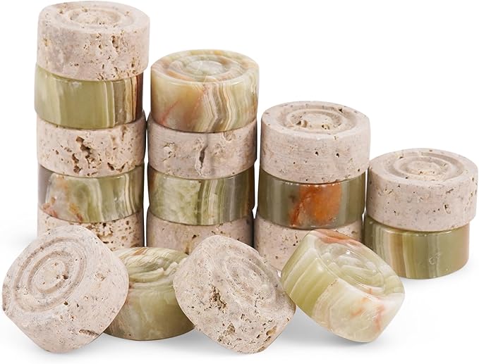 Marble Checkers 1.25 Inch Green and Travertine Stone Pieces for Classic Checker Board Games, Tabletop Strategy Set for Adults & Family, Travel and Outdoor Play