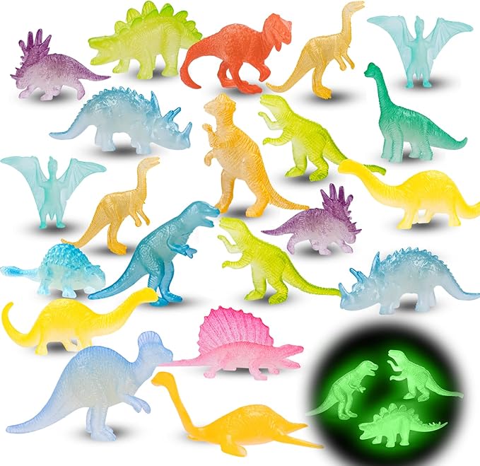 48Pcs Glow in Dark Mini Dinosaur Figures Birthday Party Favors Supplies Dino Cupcake Toppers Pinata Goodie Bags Stuffers Classroom Prizes Carnival Treasure Box Trinkets Bulk Toy Kids Goody Treat Gifts