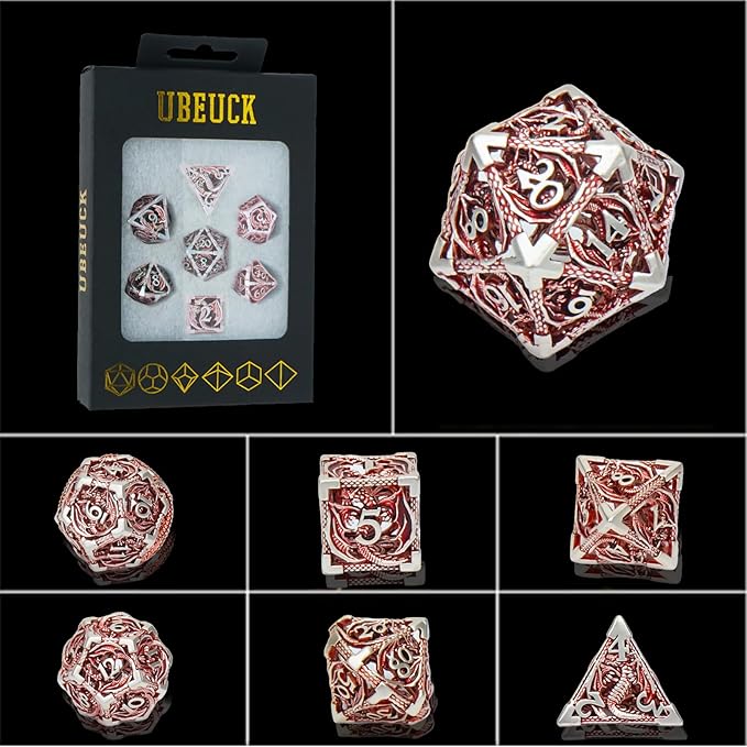 DND Dice,Hollow D&D Metal Dice,Dungeons and Dragons Dice Set with Gift Box,7 PCs Steampunk Polyhedral Dice Games Set for RPG,MTG,Pathfinder(Dragon red 1)