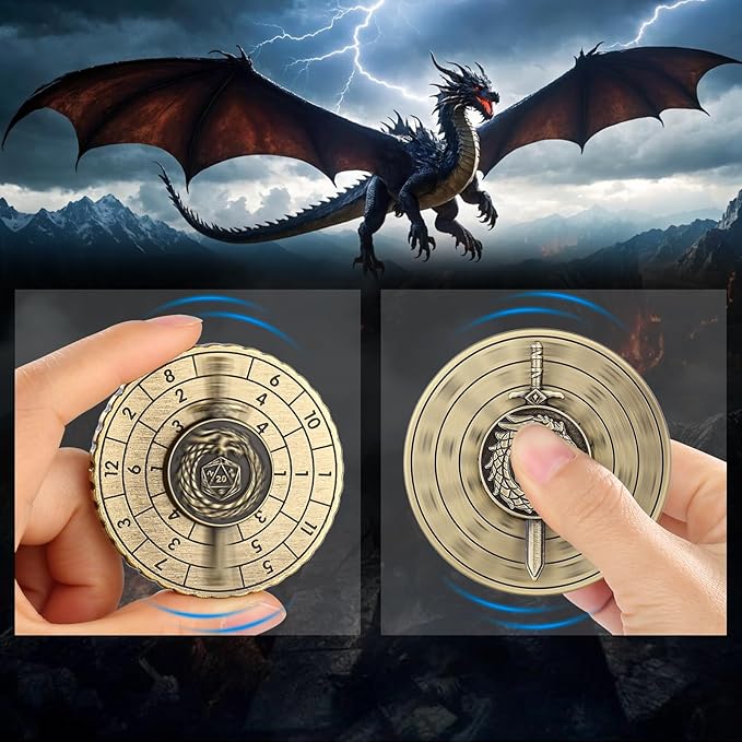 Spinner DND Dice, 7-in-1 Dragon Sword Metallic D&D Dice, Dragon Roulette Dice Spinner for DND Dice Set, DND Gifts with Gift Box, Role Playing Board Game Accessories, DND Dice Set Gifts, Bronze