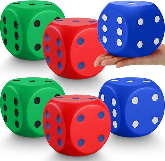 6 Pcs 4" Large Foam Dice Giant Cube with 6 Sided Number Dots Jumbo Soft Slow Big PU Foam Stress Ball for Party Game Math Learning Props Stress Relief Gifts(Colorful)