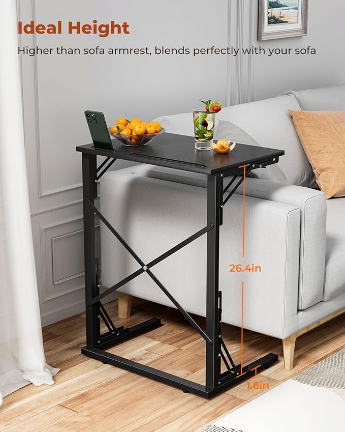 21''Wx28''H Folding TV Tray for Eating, Small Foldable C-Shaped Tray Table with Tablet and Phone Slots, Slide Under Couch Side Table for Recliner, Living Room, Bedroom, Black