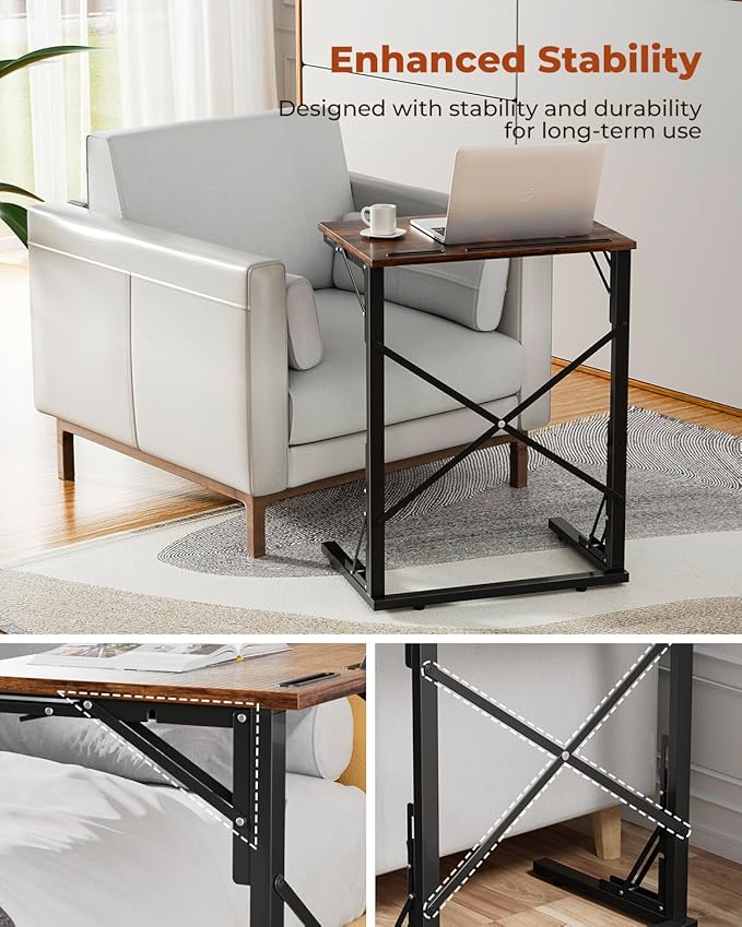 21''Wx28''H Folding TV Tray Set of 2, Small Foldable C-Shaped Tray Table for Eating with Tablet and Phone Slots, Slide Under Couch Side Table for Recliner, Living Room, Bedroom, Rustic Brown