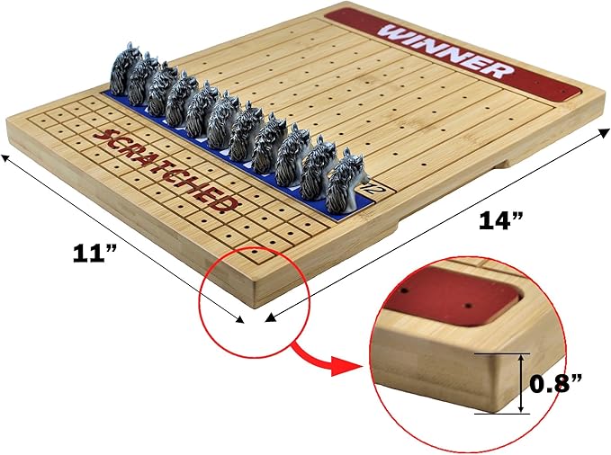 Metal Horse Race Board Game Set with Horse Racing Thick & Solid Wood Game Board, 11 Luxurious & Durable Classic Silver Colored Metal Craft Horses, Dice and Cards for Horseracing (HR-551)