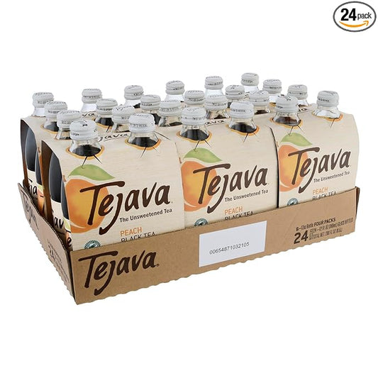 Tejava Peach Black Iced Tea, 24 Pack, 12oz Glass Bottles, Unsweetened, Non-GMO, Kosher, No Sugar or Sweeteners, No calories, No Preservatives, Brewed in Small Batches