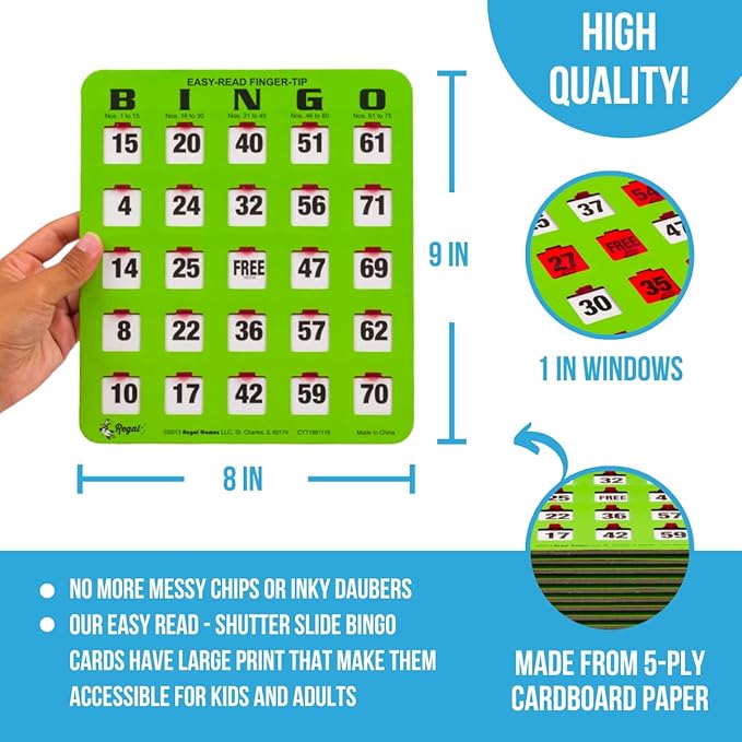 Regal Bingo 10 Bingo Cards with Sliding Windows, Bingo Calling Cards Deck & Master Board Bulk Kit - Reusable Large Print Bingo Game Set for Adults & Seniors Large Group - (Jumbo, Green)