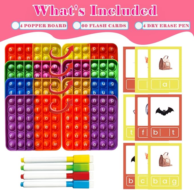 CVC Word Popper & CVC Word Flashcards, CVC Word Games, Learn to Read Fidgety Board Sight Words Phonics Reading Spelling Writing Kindergarten Learning Activity, Sensory Educational Toy for Kids