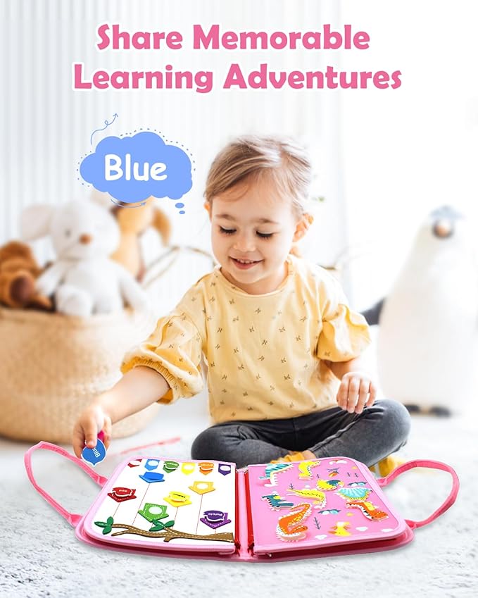 VARANO Montessori Busy Board Book Toy for 1 2 3 4 Year Old, Educational Sensory Toys for Toddlers 1-3, Car & Airplane Activities for Travel and Learning – Gifts for Boys and Girls (Pink Dino)