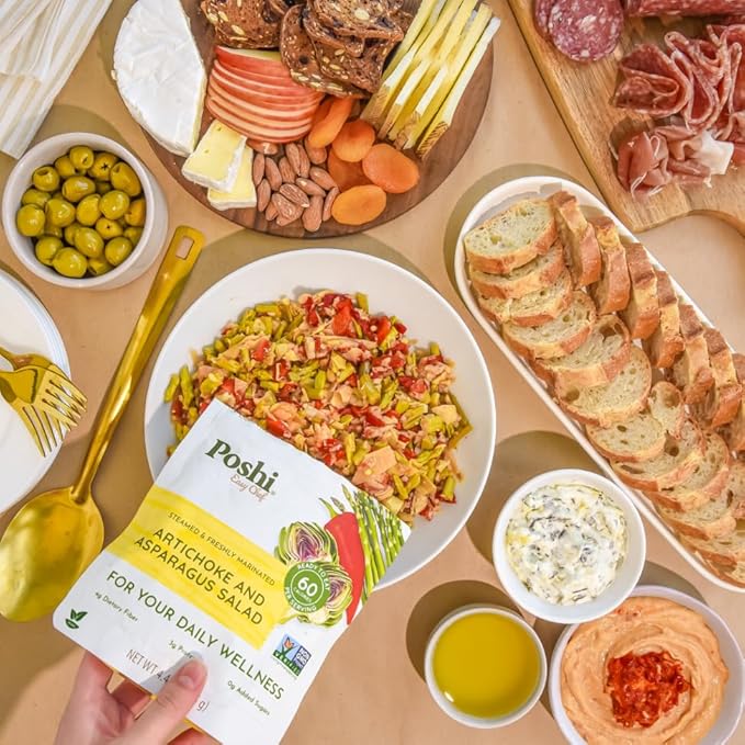 POSHI Artichoke & Asparagus Salad Natural, Keto, Vegan, Non GMO, Low Carb + Calorie, Gluten Free, Ready to Eat, Fully Cooked Vegetables, Pentry Food, Gourmet, Healthy, Travel Food, 6 Pack, 4.4 oz