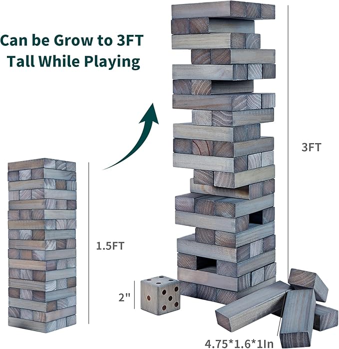 ApudArmis 54 PCS Tumble Timber Set Stack to 3FT, Pine Wooden Tumble Tower Game with Dice and Scoreboard Set - Classic Block Stacking Board Game for Teens Children Teenagers (Gray)