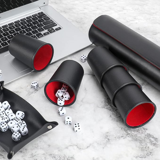 Party Games Leather Dice Cup Set, 5 Dice Cups+25 Dice+1 Folding Tray Exclusive Storage and Transport Case Made of Faux