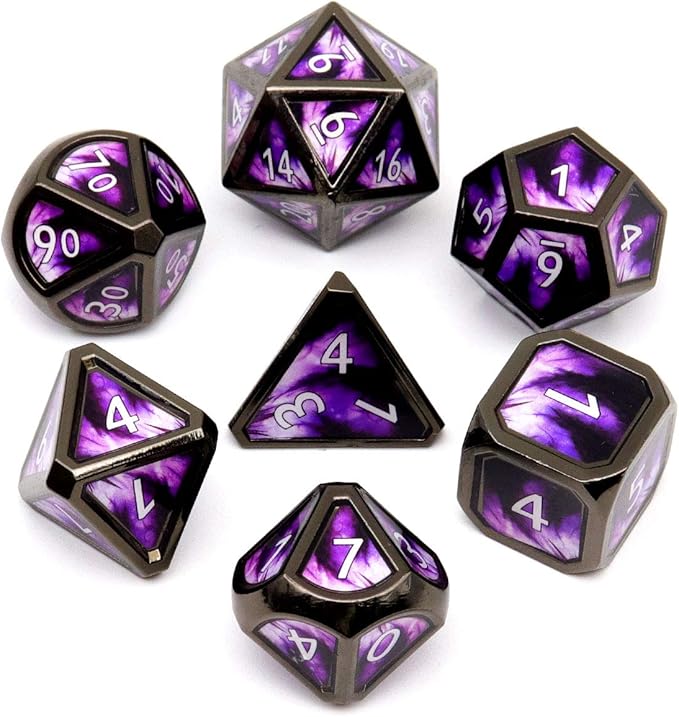 Haxtec Metal DND Dice Set Purple Black Real Scene D&D Metal Dice Set for Dungeons and Dragons TTRPG DND Gifts Elderitch Blast
