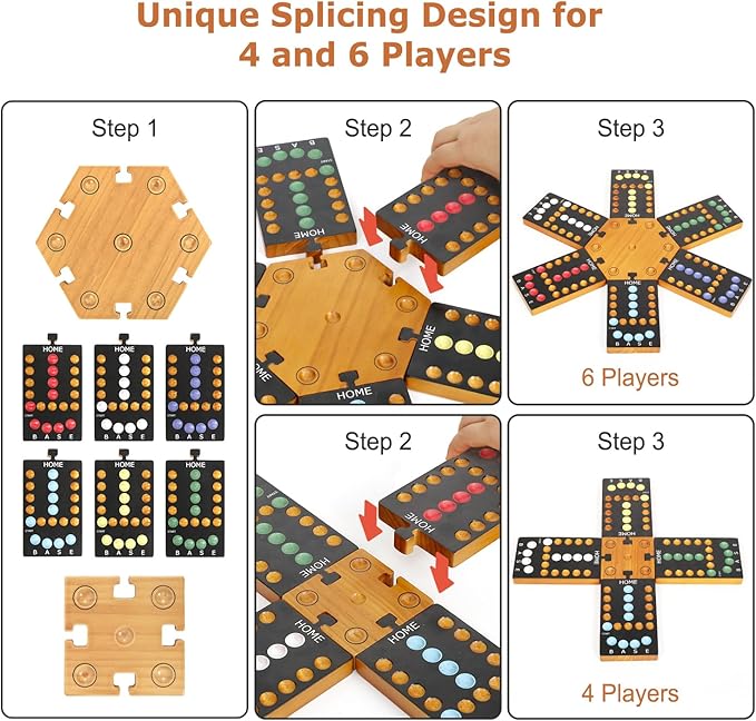 Marble Board Game, Wooden Board Game for 4 and 6 Players, Portable Original Marble Game with 24 Marbles 12 Dice for Family Friends Party Game Night Black