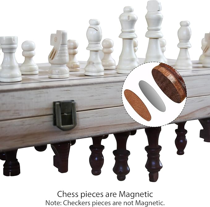 (Upgraded Magnet) 15" Magnetic Chess & Checkers Set, 2 in 1 Board Game, Wooden Handcrafted Folding Chess Board Portable Chess Set with Storage Slots & 2 Extra Queens,Great Gift for Adults & Kids