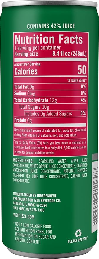 IZZE Sparkling Juice Beverage Blend, Watermelon, No Sugar Added, 8.4 FL OZ, 24 Cans