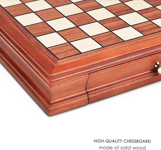AMEROUS 12.8'' Magnetic Wooden Chess Set / 2 Built-in Storage Drawers / 2 Extra Queen/Gift Package/Chess Rules/Classics Strategy Board Games Chess Sets for Kids and Adults